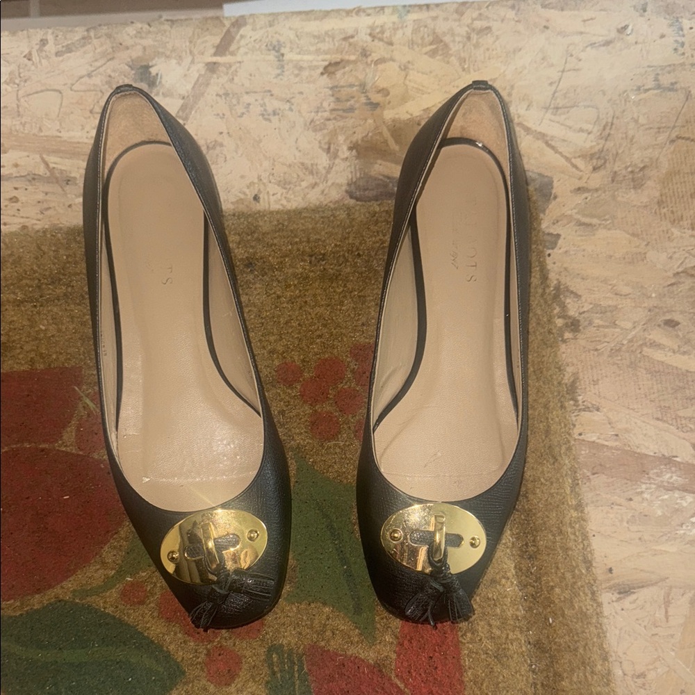 Talbots Black Leather Heels with Gold Medallion and Tassel